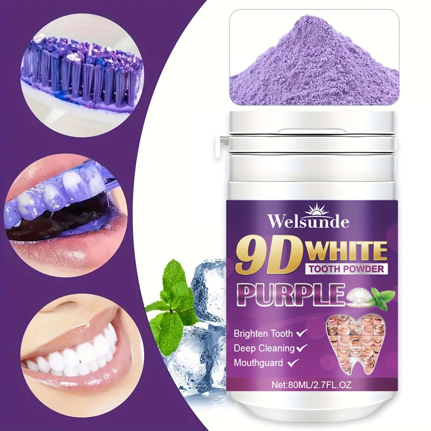 Purple tooth powder for men and women, offers fresh breath and travel convenience.