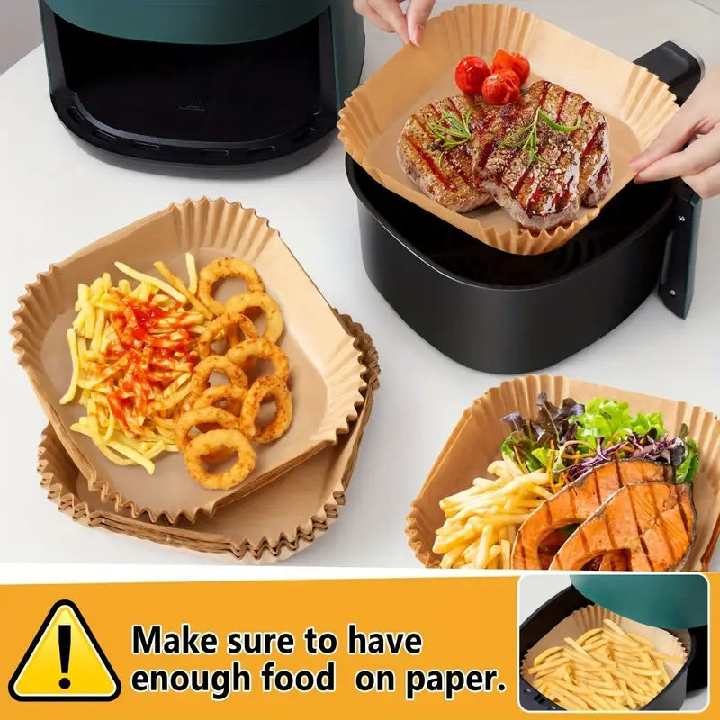 Square Air Fryer Liners - Pack of 100, Made with Food Grade, Heat and Oil Resistant Paper for Baking, Roasting, and Microwave Use. Durable, Easy to Clean, High Temperature Resistant Silicone Coating. Foldable for convenience.