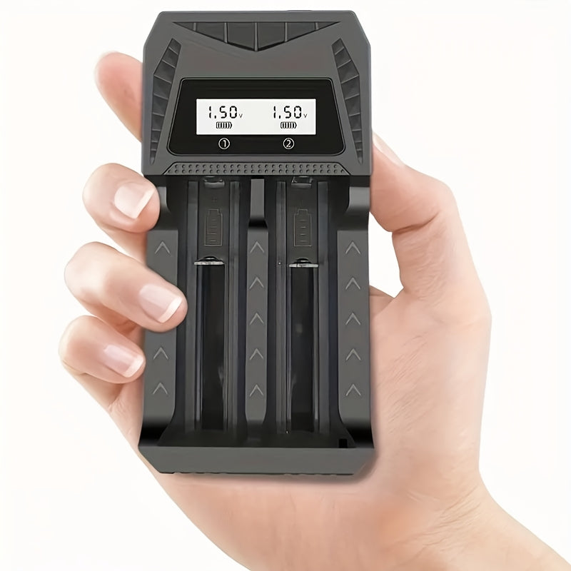 Universal USB Lithium Battery Charger compatible with various rechargeable batteries, with full voltage display.