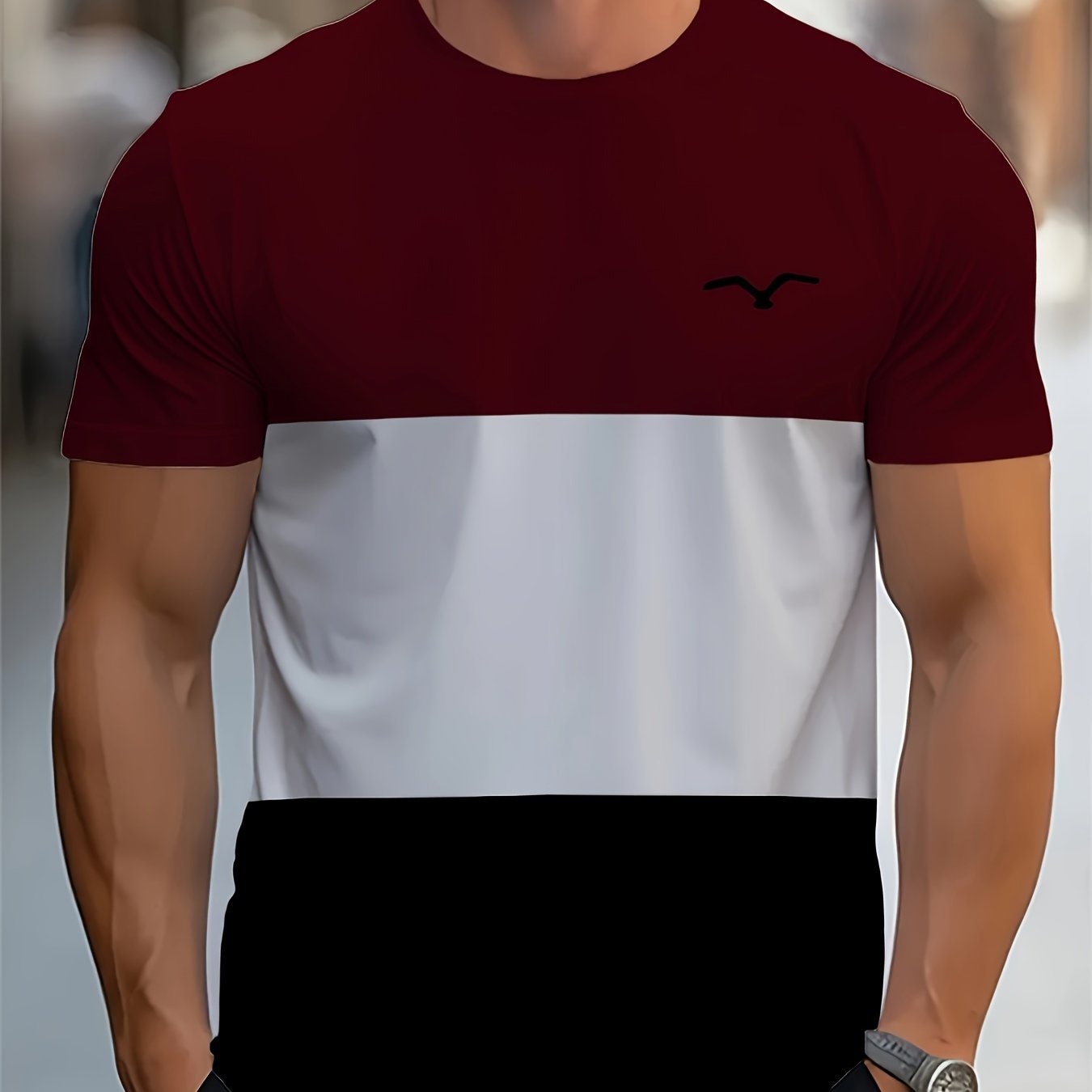 Men'S Color Block Round Neck Short Sleeve T-Shirt - Casual Summer Sports Top, Polyester Knit Fabric, Adult Unisex, Thin Version for Summer