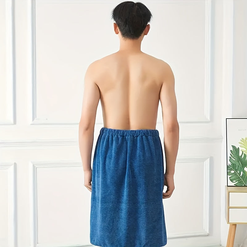 Men's wearable bath towel with embroidered design, soft and absorbent coral fleece material, ideal for use in the bathroom or sauna.