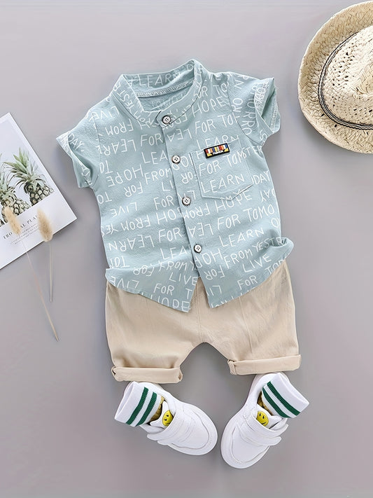 2024 Summer Short-Sleeve Shirt and Shorts Set with Collar for Boys, Trendy Children's Outfit for Outdoor Wear.