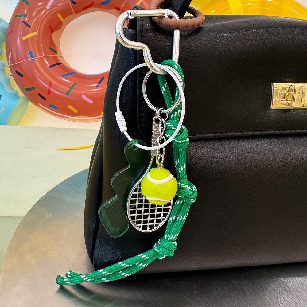 Metal keychain set featuring a tennis racket and ball design with rope accents, perfect for decorating bags with a sports theme. This multi-piece key ring accessory is ideal for attaching car keys and makes for a great Valentine's Day gift.