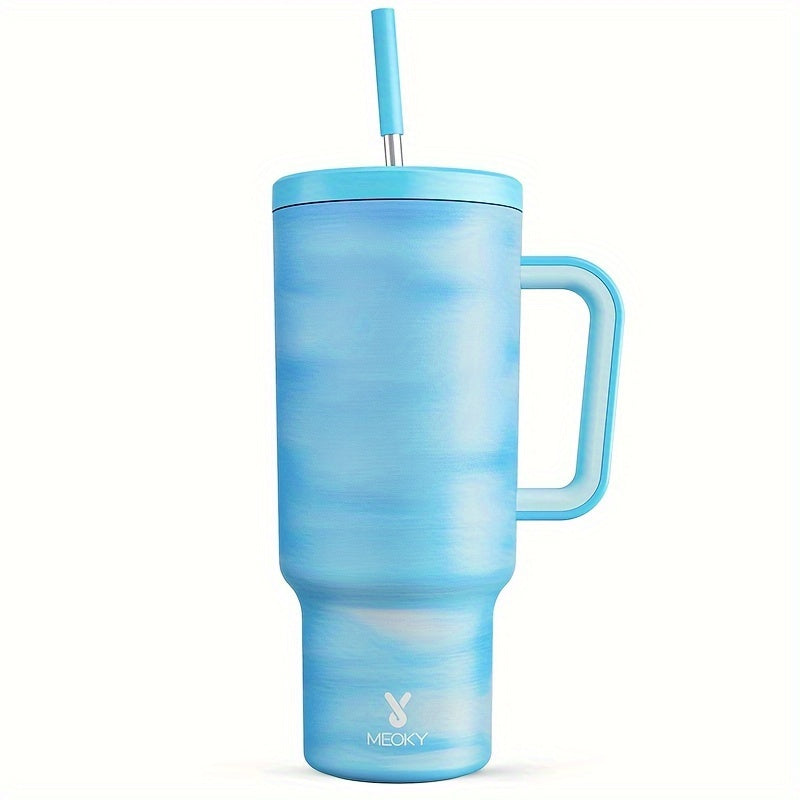 MEOKY 40oz Stainless Steel Tumbler with Lid, Straw, and Handle, Insulated, Leak Proof, BPA Free, Hand Wash Only, Perfect for Outdoor Activities.