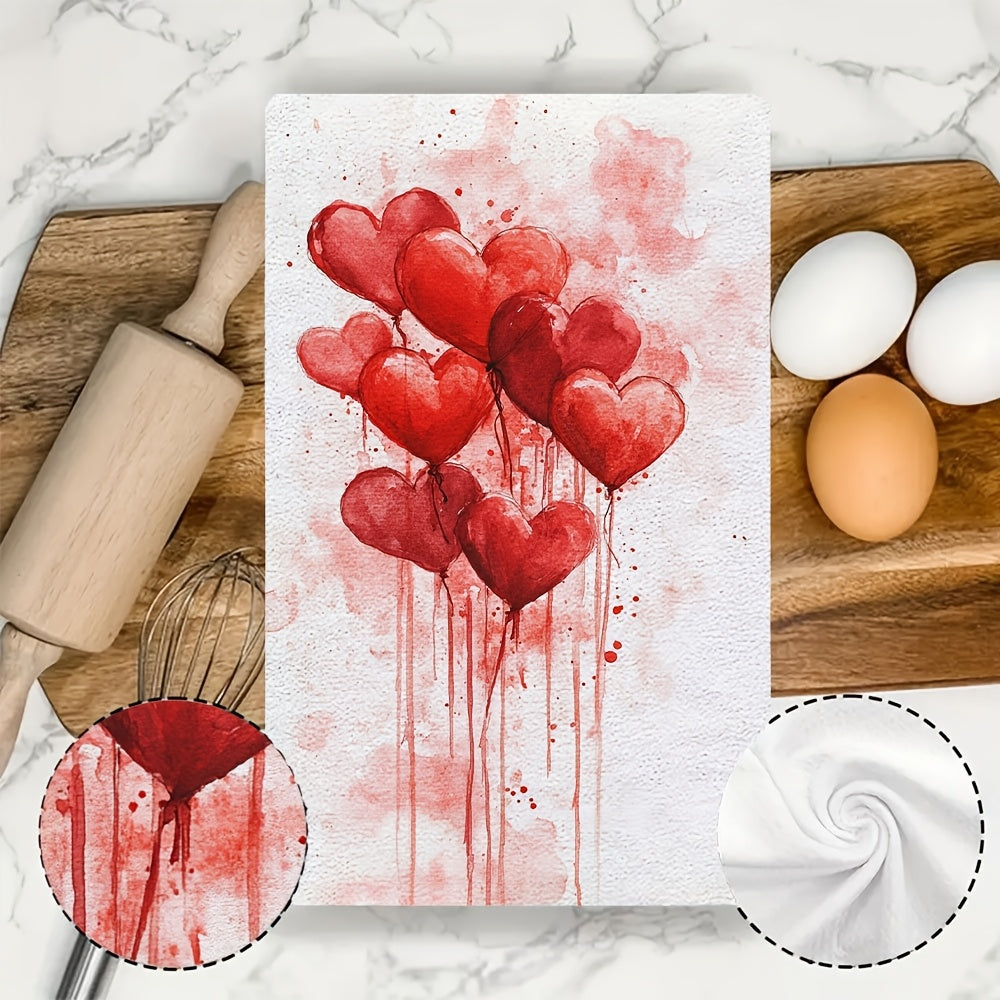 Set of 2 Ultra Soft Polyester Kitchen Towels - Adorned with Romantic Red Hearts, These Highly Absorbent & Machine Washable Dish Hand Towels are Ideal for Adding a Touch of Love to Your Valentine's Day Decor. Sized at 40.64x60.96 cm, these Dish Towels are