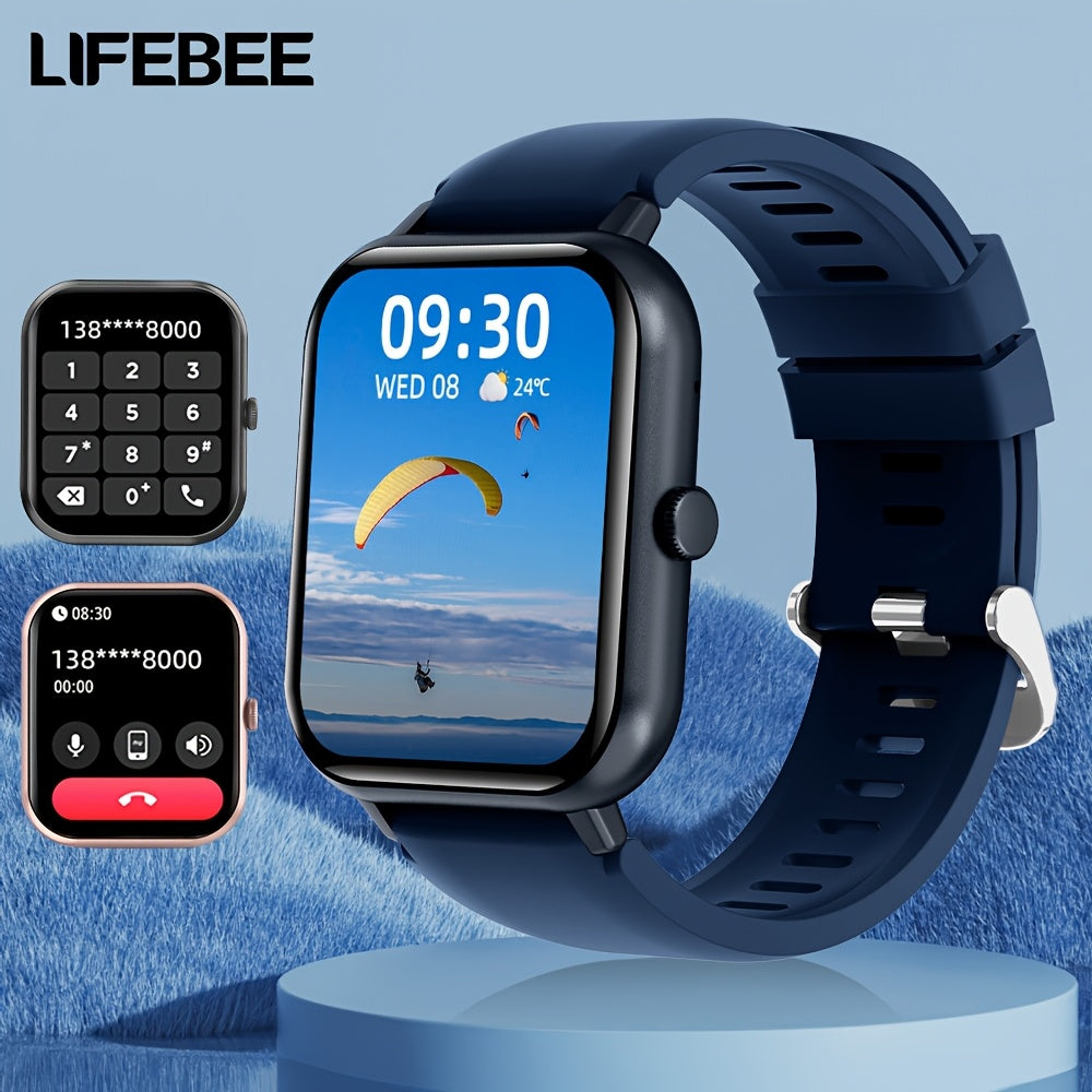 LifeBee Smartwatch: Full screen, call function, 100+ exercise modes, pedometer, calorie tracker, rechargeable, black & pink colors.