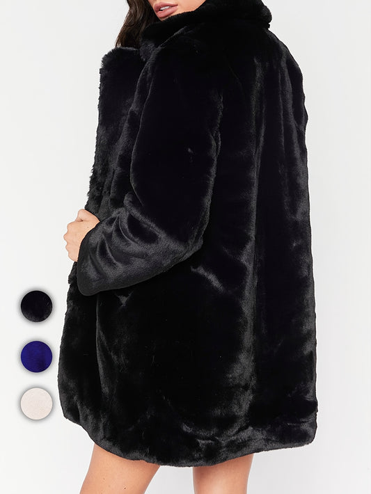 Chic women's faux fur coat with V-neck, long sleeves, and pockets. Ideal for fall/winter, made of soft polyester for comfort and style.