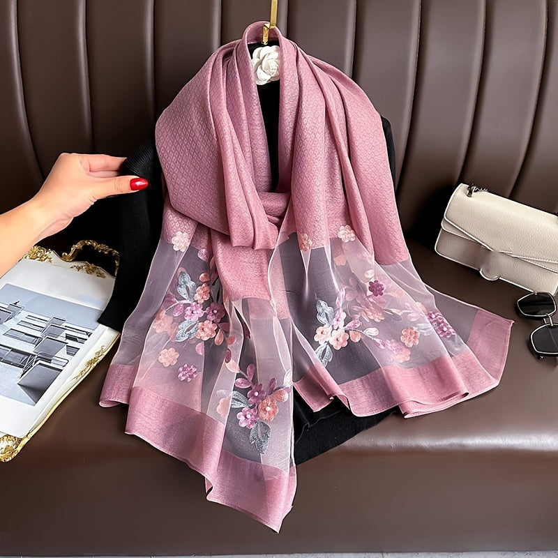 Thin breathable Chinese-style embroidered flower scarf for casual elegance and sun protection.