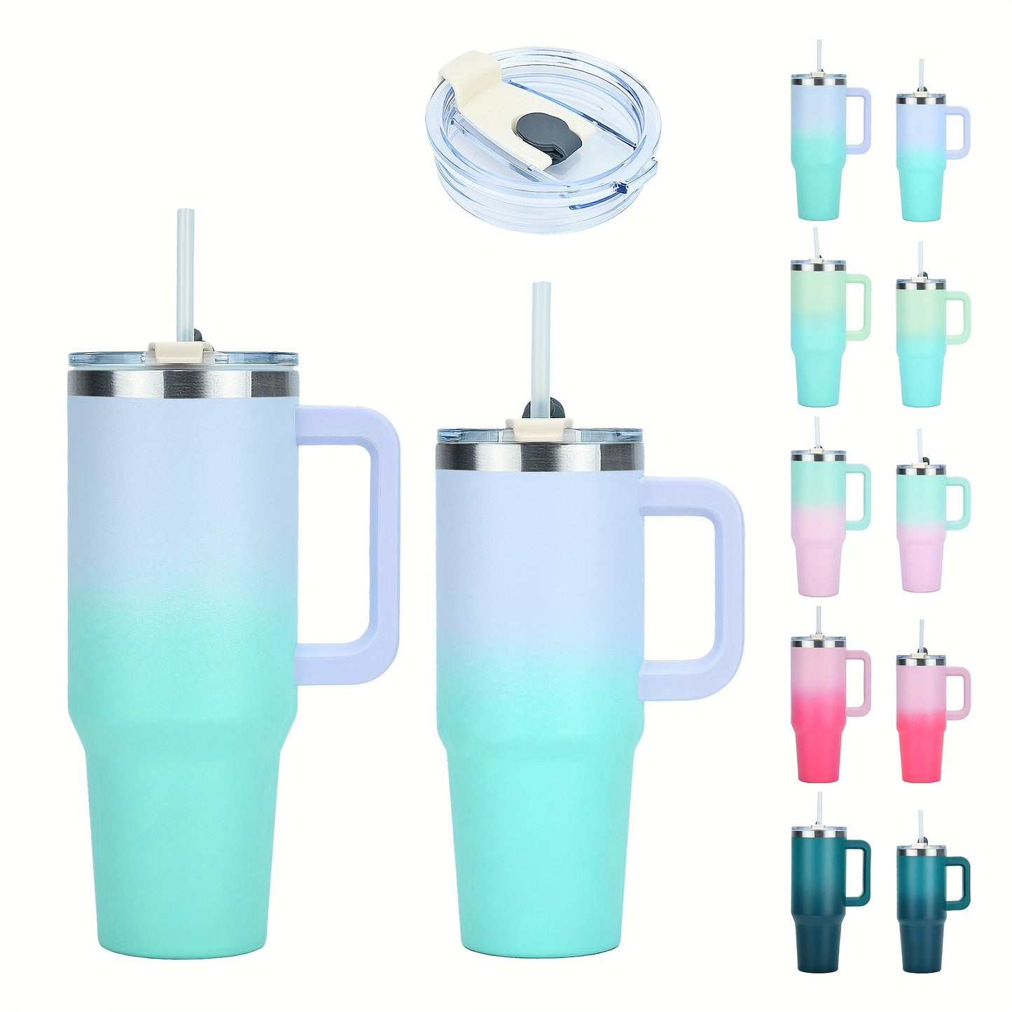 Stainless steel double-layer tumbler with handle, lid, and straw. Vacuum insulated for hot and cold beverages. Ideal for sports and outdoor activities.