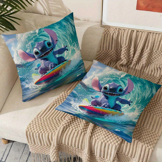 Two Disney Stitch Surfboard Design Throw Pillow Covers in a Set, Stylish Cushion Cases for Sofas and Living Rooms, Durable Outdoor Pillowcases