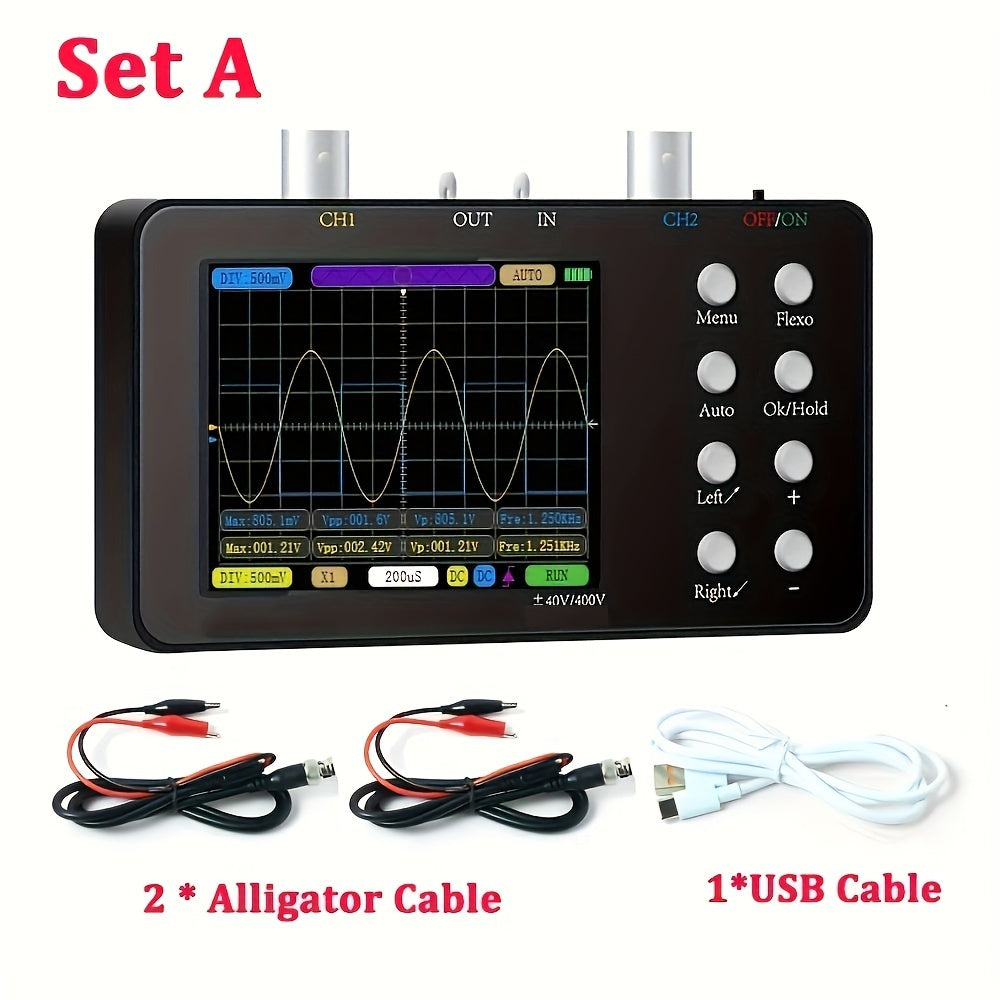 1pc Dual-channel Digital Oscilloscope with 10M Analogue Bandwidth, 50M Sampling Rate, Lissajous Patterns, and 6A Current Waveform.