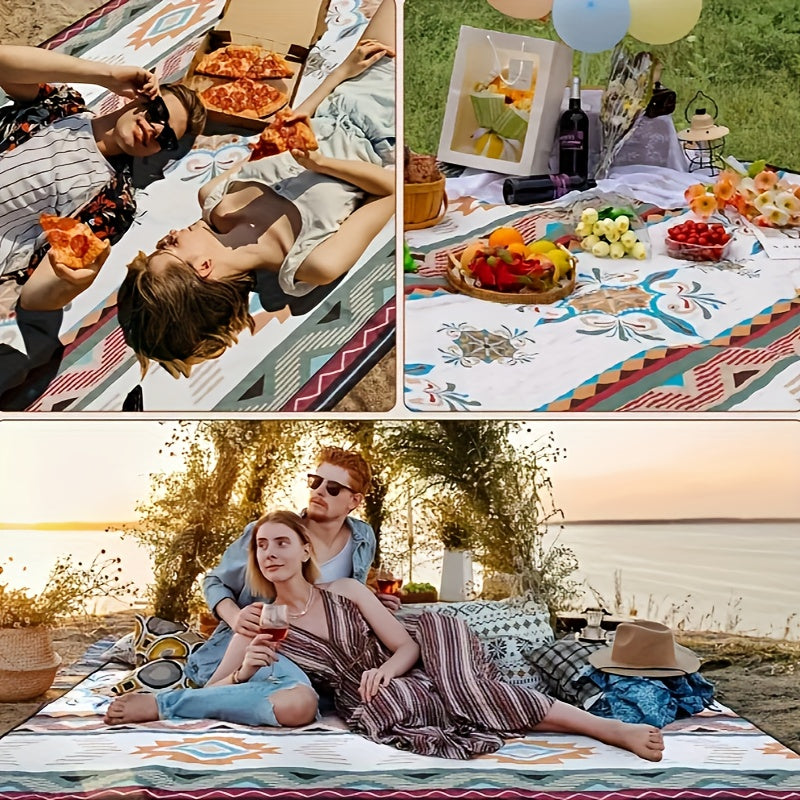 Versatile outdoor blanket for camping, beach, picnics, BBQ, hiking, and travel.