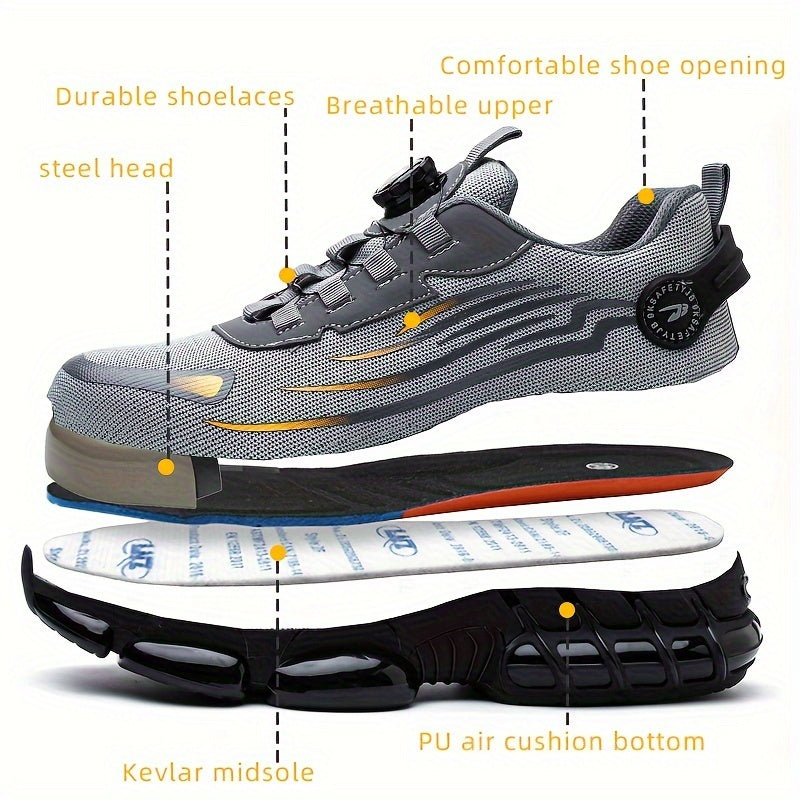 Rotating button safety work shoes for men: impact & puncture resistant, anti-slip, wear-resistant, fabric upper, round toe, comfortable lace-up closure.