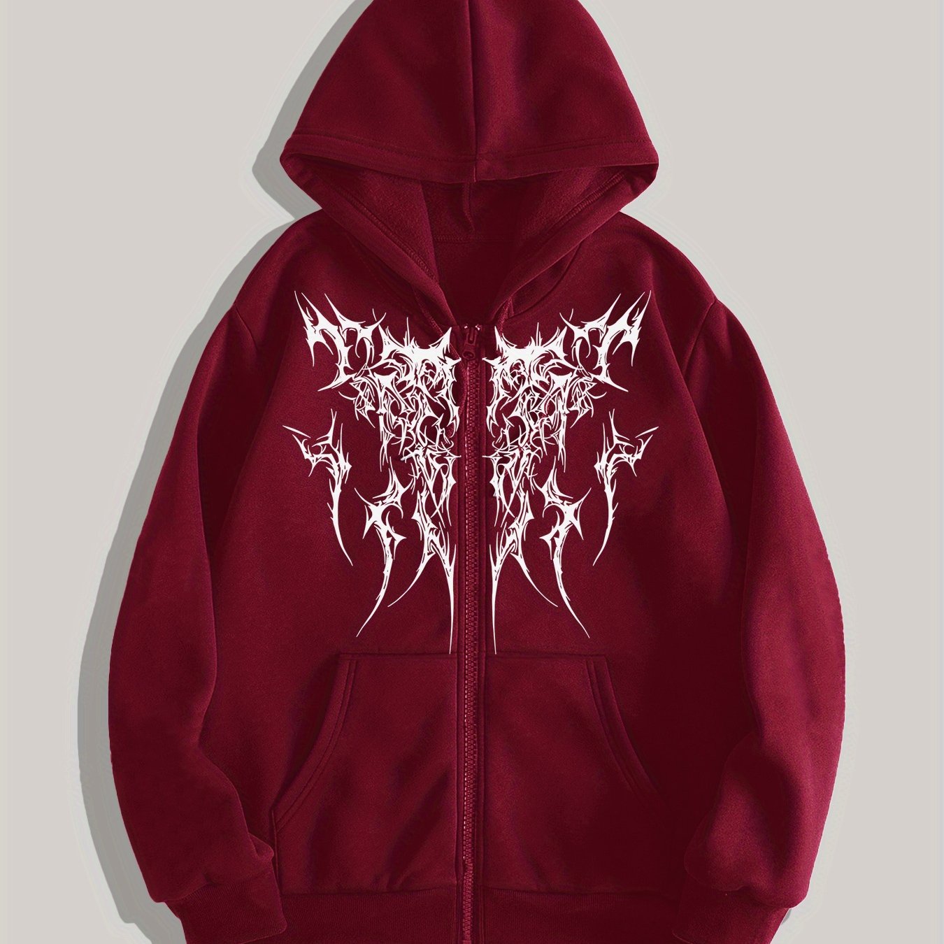 Gothic Dark Print Hoodie for Men - Casual Zip-Up Sweatshirt with Kangaroo Pocket, Polyester Blend, Ideal for Fall/Winter