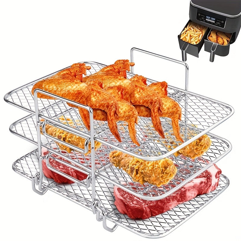 A versatile cooking rack made of durable stainless steel that can be used for frying, air frying, grilling, charcoal stove cooking, outdoor barbecuing, and more. This rack comes with feet for easy placement and can be used in a home multi-layer oven for