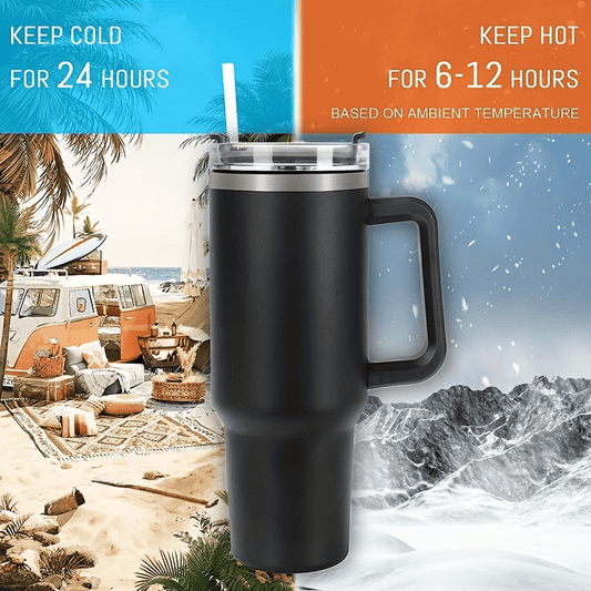 Reusable 40oz stainless steel tumbler with straw, double wall insulation, and handle. Great gift for teachers.