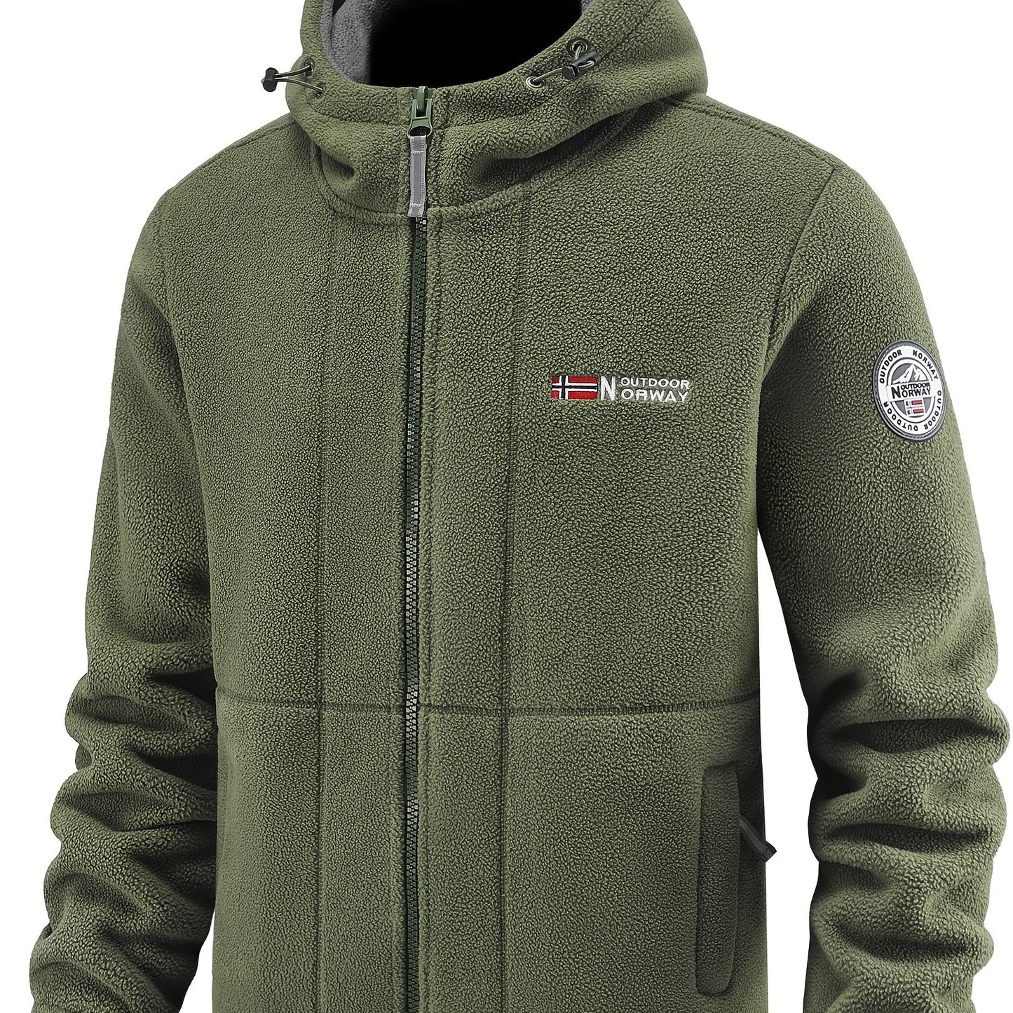 Men's fleece jacket with hoodie, zipper pockets, warm and windproof for outdoor sports in autumn and winter.