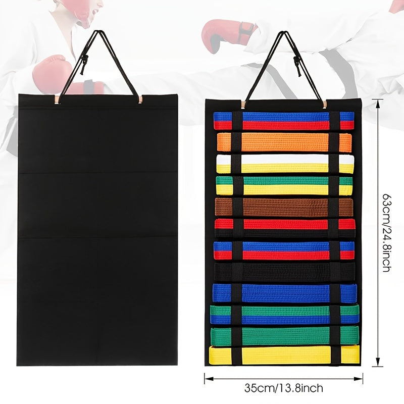 This hanging karate belt display bag can store up to 12 martial arts belts, perfect for learners without accessories.