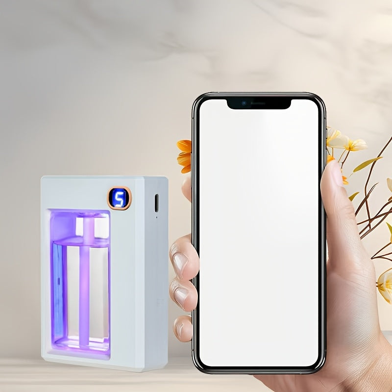 Multi-function smart aromatherapy diffuser with spray function, dual desk and wall mount, long-lasting scent, humidifier and deodorizer, USB rechargeable with nightlight and button control.