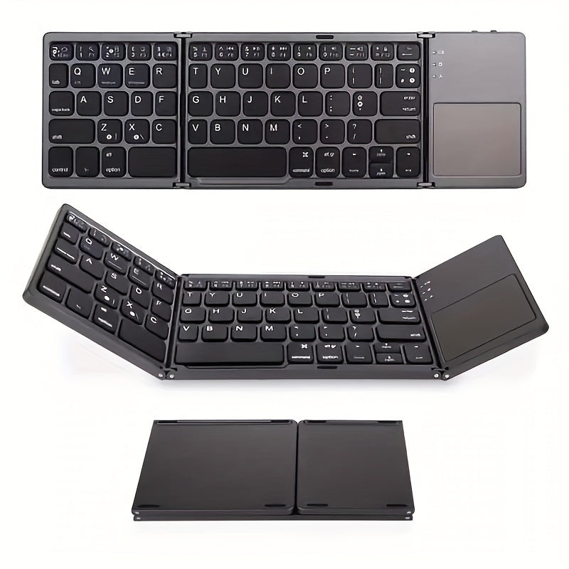 Compact and lightweight keyboard with touchpad, wireless connectivity, frosted finish, convenient touch pad, easy to carry, Type-C charging, USB cable included.