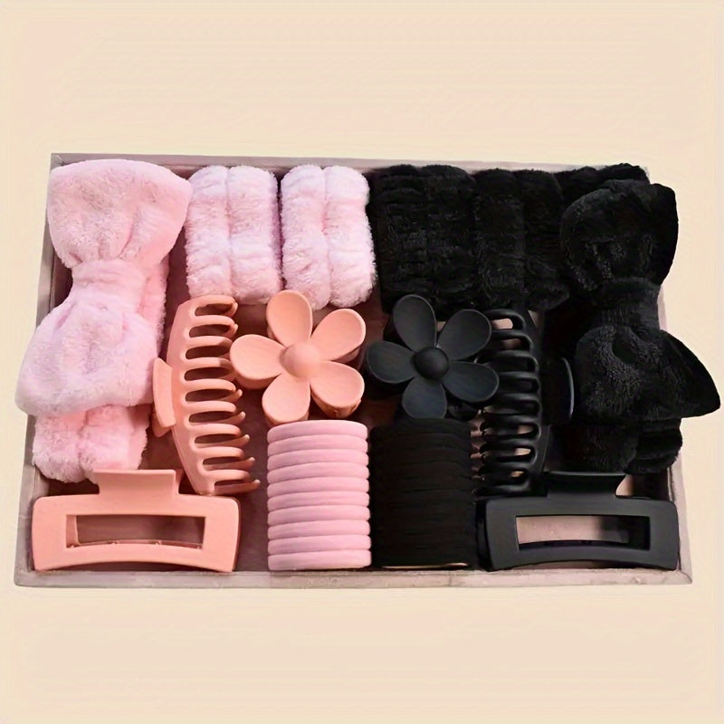 16-piece hair accessory set in pink & black for women and girls, includes headbands, wristbands, and hair clips, perfect for travel, spa, makeup, and gifting.