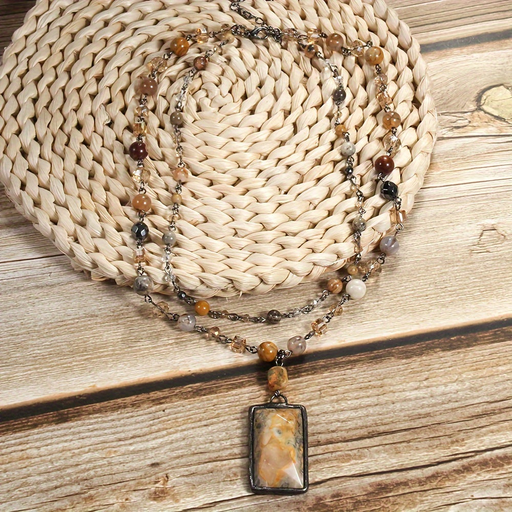 Chic Layered Stone Necklace with Boho Vibe, Featuring Natural Gemstones and Glass Beads on Black Chain, 2-Tier Style with Square Faceted Pendant, Great for Women to Wear Everyday or Give as Gifts, Ideal for Celebrating Mother's Day or Welcoming Spring