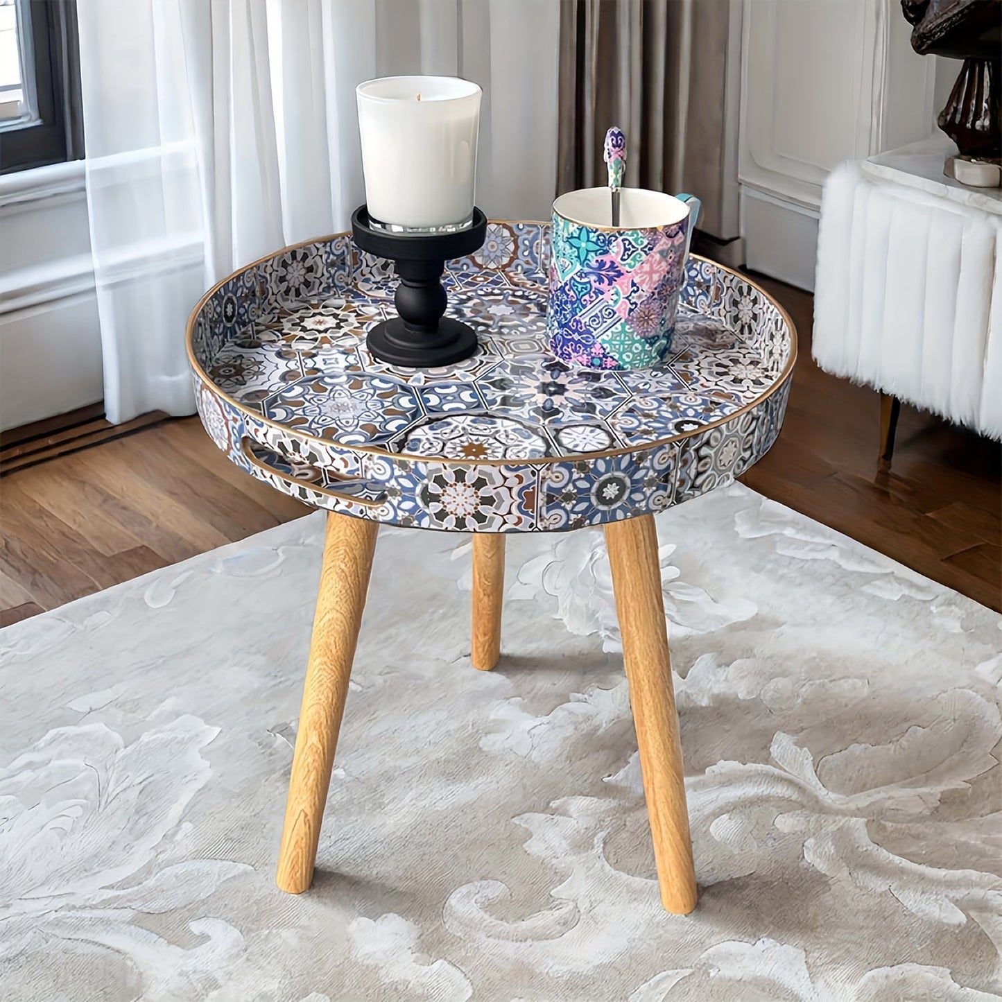 Bohemian Style Coffee Table with Wooden Legs is ideal for adding a touch of boho chic to any room in your home, whether it be the living room, bedroom, kitchen, or bathroom. Made from a combination of plastic and wood materials, this versatile piece of