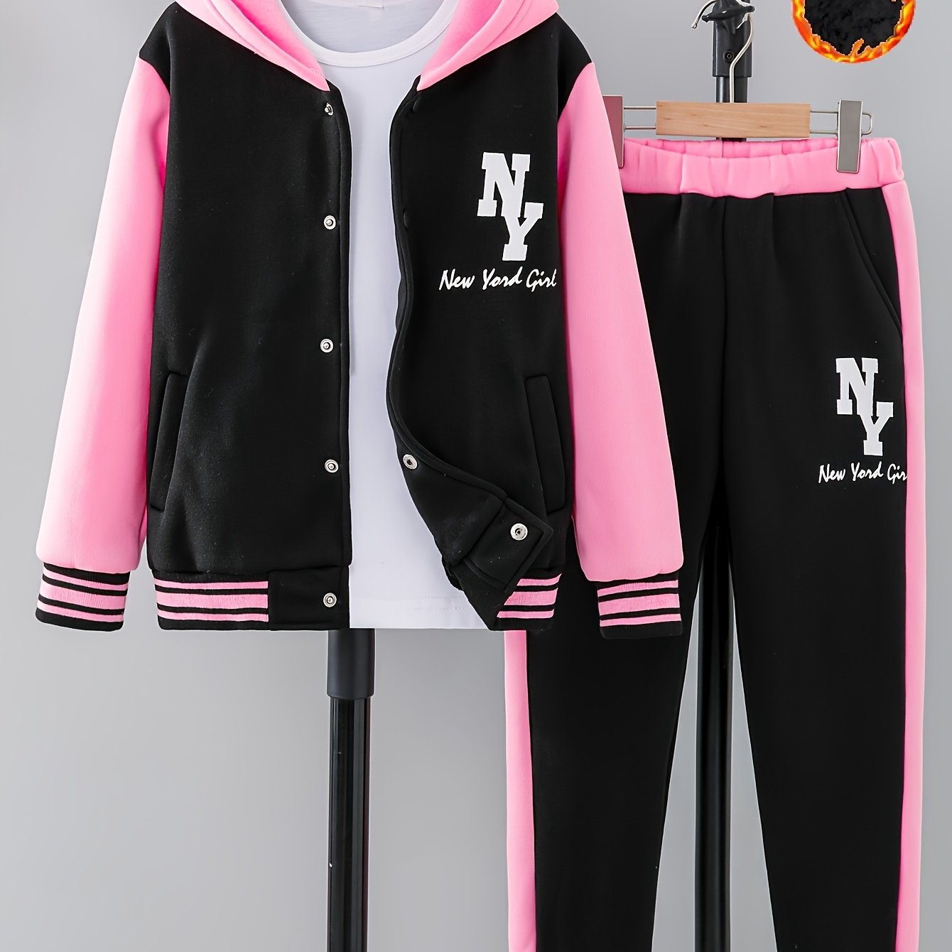 NY Letter Print Girl's Prep Outfit: Color Block Varsity Jacket + Sweatpants Set for Stylish Fall/Winter Wear