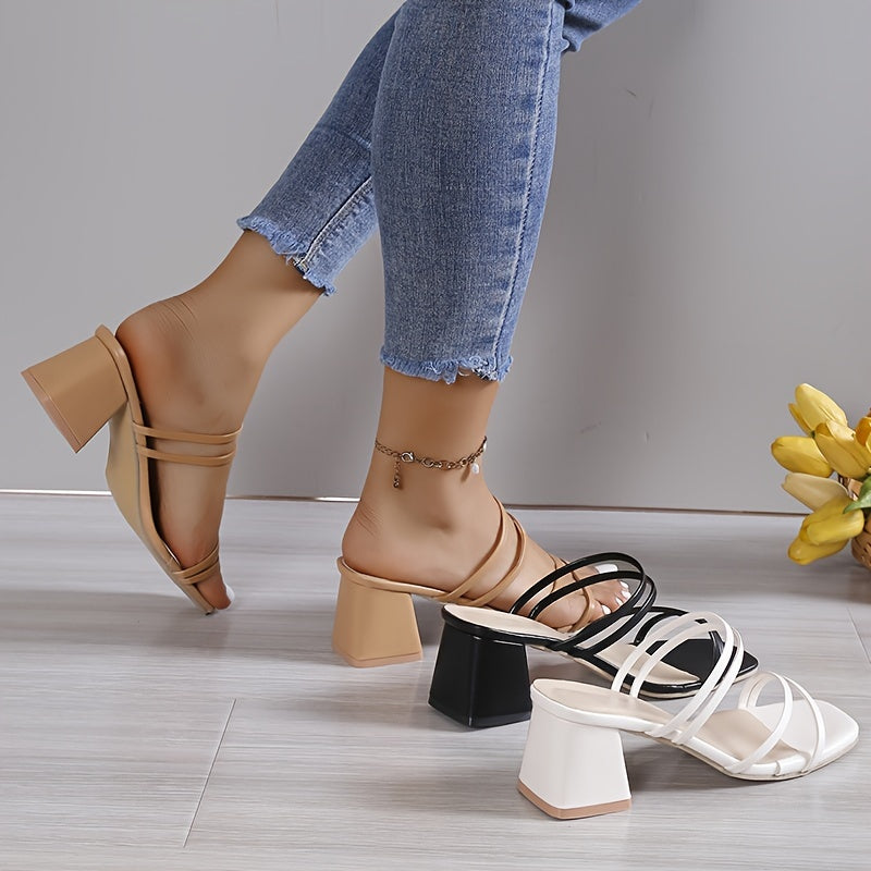 Elegant, versatile high heel sandals in beige, black, and white with rubber sole for all-season wear.