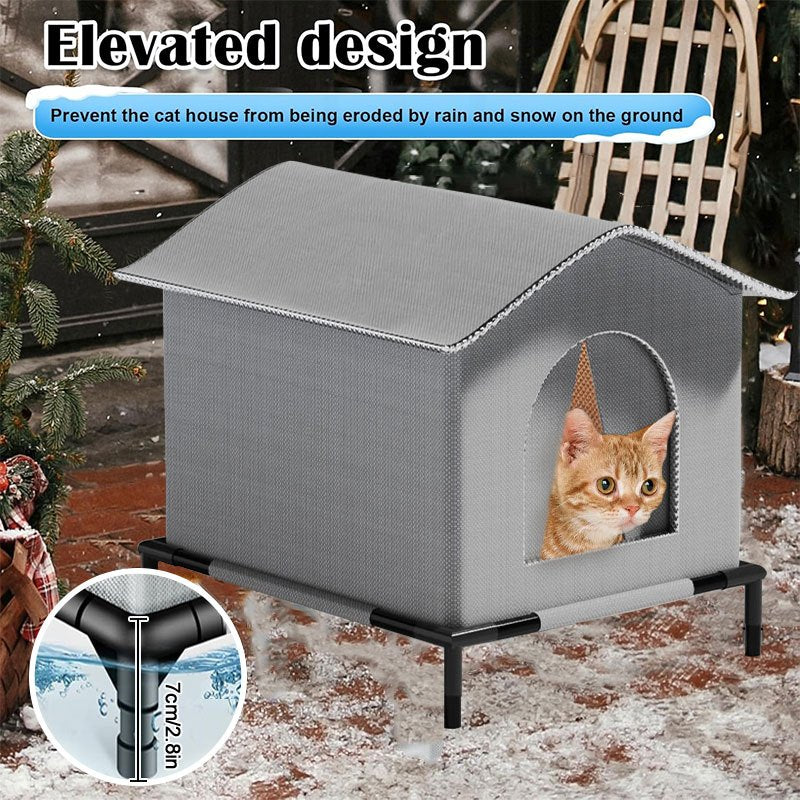 1pc Classic Oxford Cloth Outdoor Cat House with Raised Stand, Double-Sided Mat, Aluminum Foil Insulation, Weatherproof & Insulated Feral Cat Shelter, Pre-Assembled for Multiple Kittens &