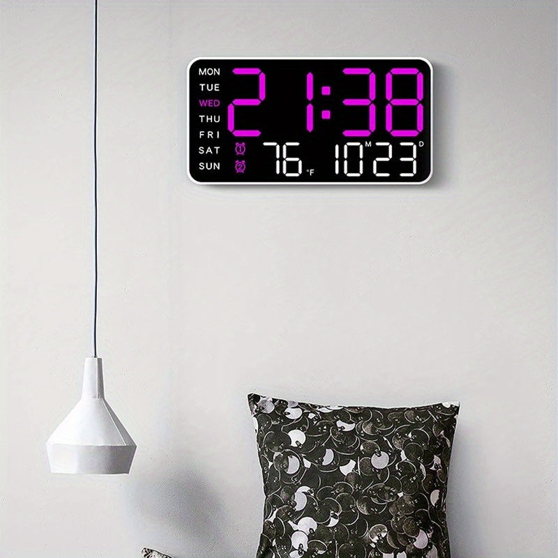 Voice controlled LED wall clock with dual alarms, USB powered, temperature display, adjustable brightness, and sleek black design for home and office.