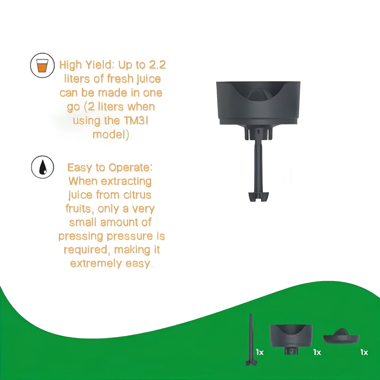 The Manual Juicer Cover for Orange Juice and Lemon Separation is designed for use with TM6 and TM5. This cover is specifically engineered for efficient pressing, providing users with a seamless juicing experience. It is a must-have accessory for a