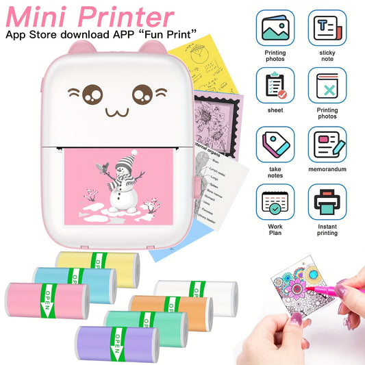 Mini Label Printer uses thermal printing, has single color output, is USB charged, compatible with iOS & Android, has 1200mAh rechargeable lithium battery, wireless connectivity, for