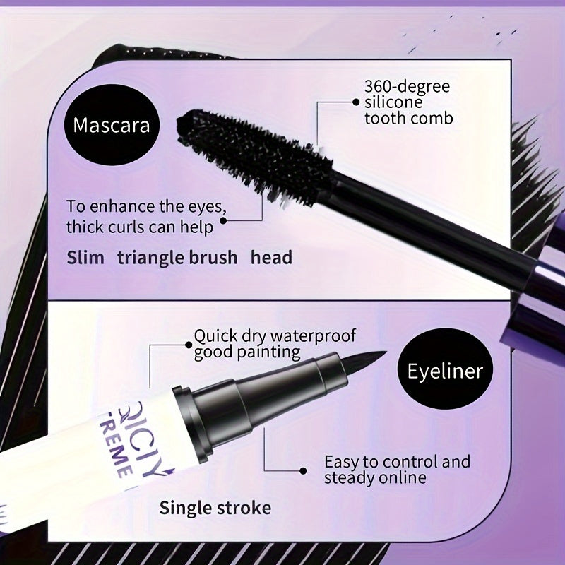 Waterproof 5D Volumizing Mascara & Eyeliner Set with Silicone Brush - Long-lasting makeup for all skin types, quick dry.