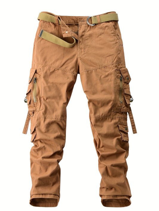 Men's vintage heavy-duty cotton cargo pants with multiple pockets, zipper fly, and loose fit for all-season work wear.