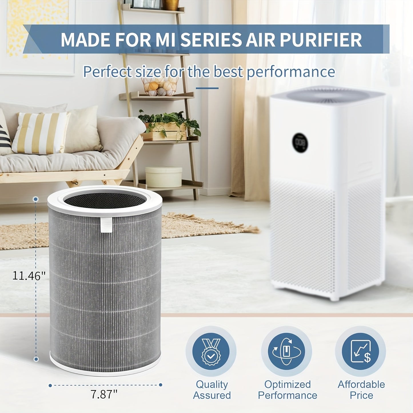 True HEPA Air Filter for Xiaomi Mi Air Purifier, Compatible with various Mi models, includes H13 pre-filter, activated carbon, 3-layer filter, RFID block, made of PET material, no power required, ideal for office and kitchen use.