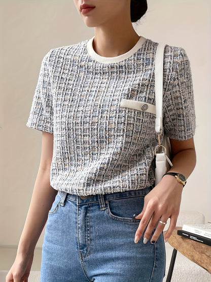 1 chic textured tweed women's t-shirt with pocket detail, button accent, polyester knit fabric, round neck, short sleeve, regular length for spring/summer/autumn.