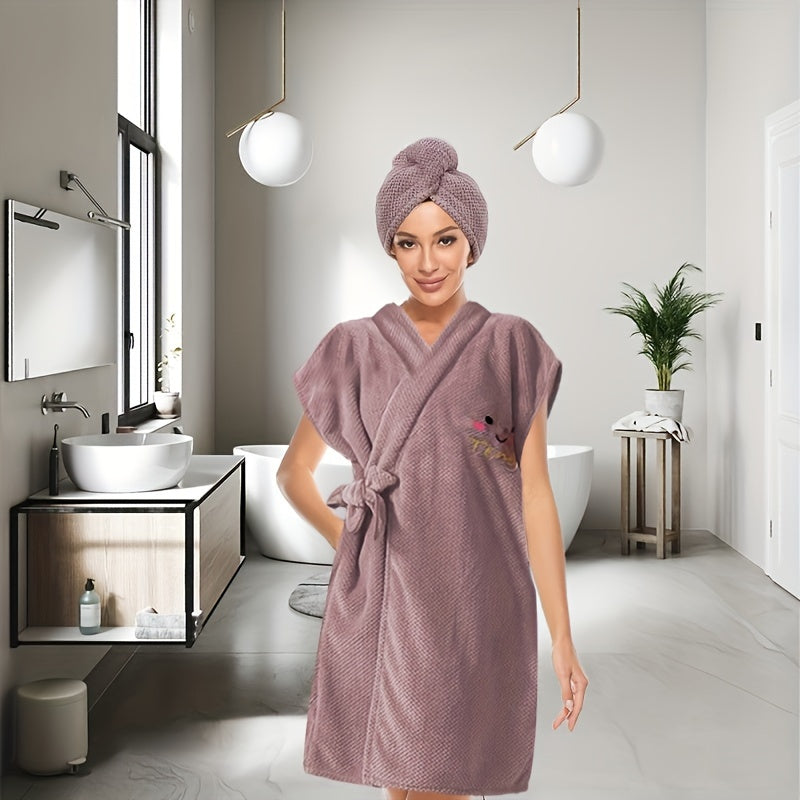 Women's 1pc Cartoon Themed Microfiber Bathrobe: Super absorbent, knit fabric, 100% polyester, V-neck shawl, adjustable closure, oblong body wrap towel robe.