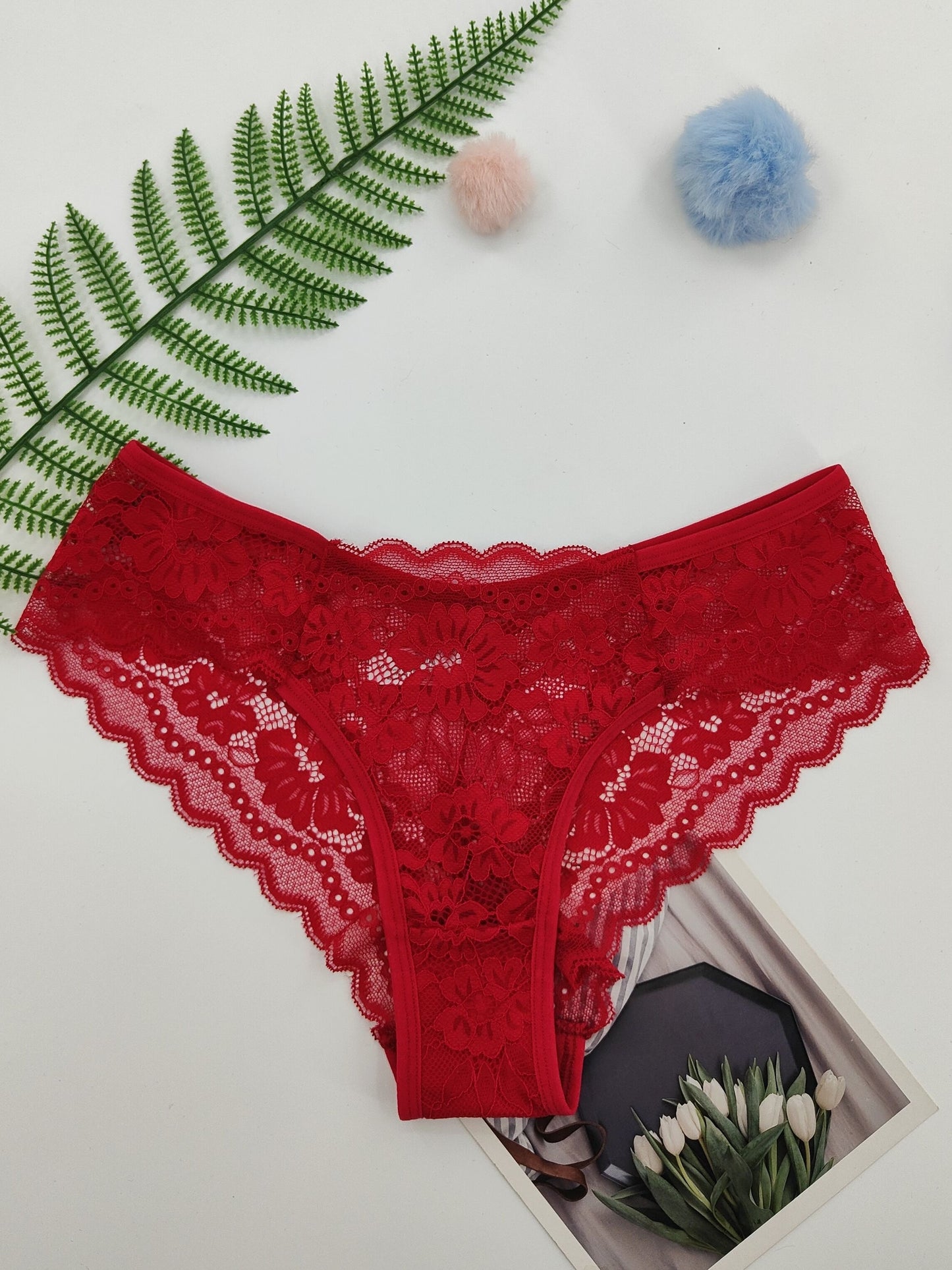 Four pieces of sheer jacquard lace bikini panties for women, featuring mid-stretch low waist design  lingerie and underwear.