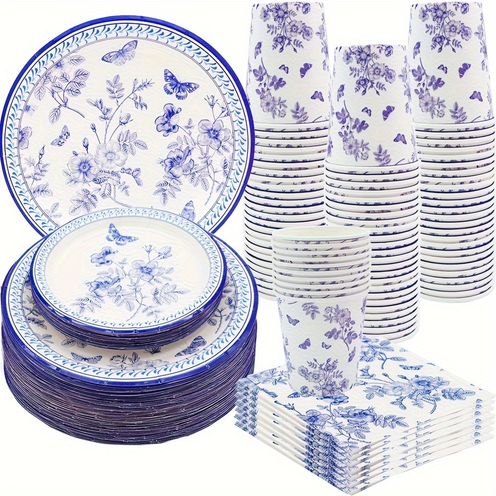 100 pieces of blue and white floral party supplies including dinner plates, dessert plates, napkins, and cups for bridal showers, weddings, tea parties, and birthday parties.