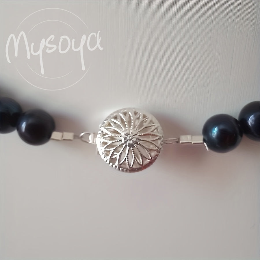 Deluxe Midnight Blue Freshwater Pearl Necklace, featuring 8-9mm Natural Pearls and a Silvery Flower Clasp. June Birthstone, suitable for both Daily Wear and Special Occasions. Comes in a Gift Box, making it a perfect Valentine's Day gift for Him or Her.