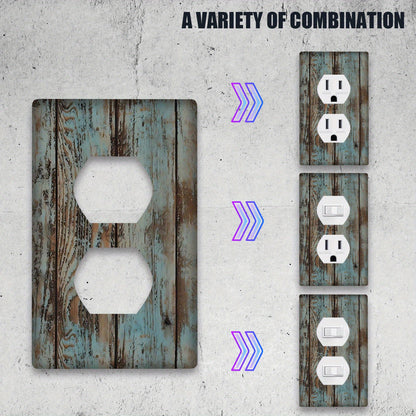 Rustic pale turquoise wood grain wall plate cover for indoor/outdoor use in various rooms.