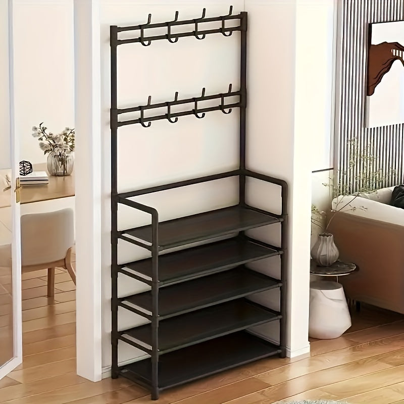 Durable 5-tier black metal shoe and hat rack with 8 hooks, ideal for entryway or living room. Easy assembly and versatile storage solution.