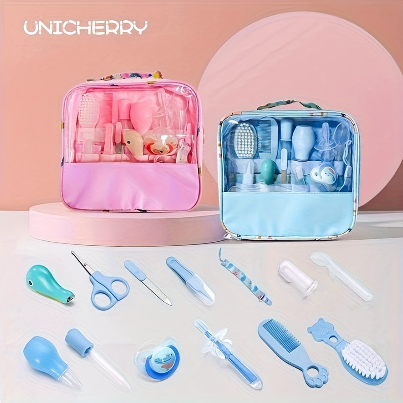 Get the UNICHERRY 13-piece Care Kit in Pink or Blue for portable grooming and safety on-the-go. Includes Nasal Aspirator, Tongue Cleaner - Ideal for Showers.