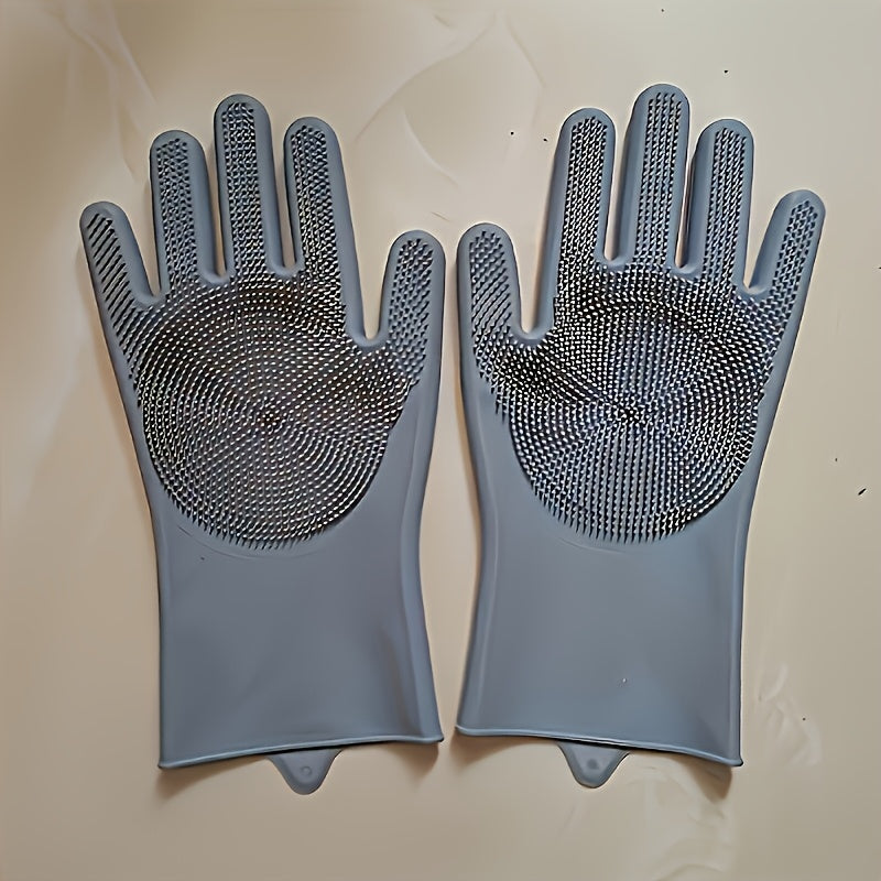 One set of Silicone Dishwashing Gloves with a built-in scrub brush - Waterproof and Heat-Resistant, Lead-Free, Perfect for Cleaning Kitchen, Bathroom, Floors, Furniture, and Glass, in Gray color.