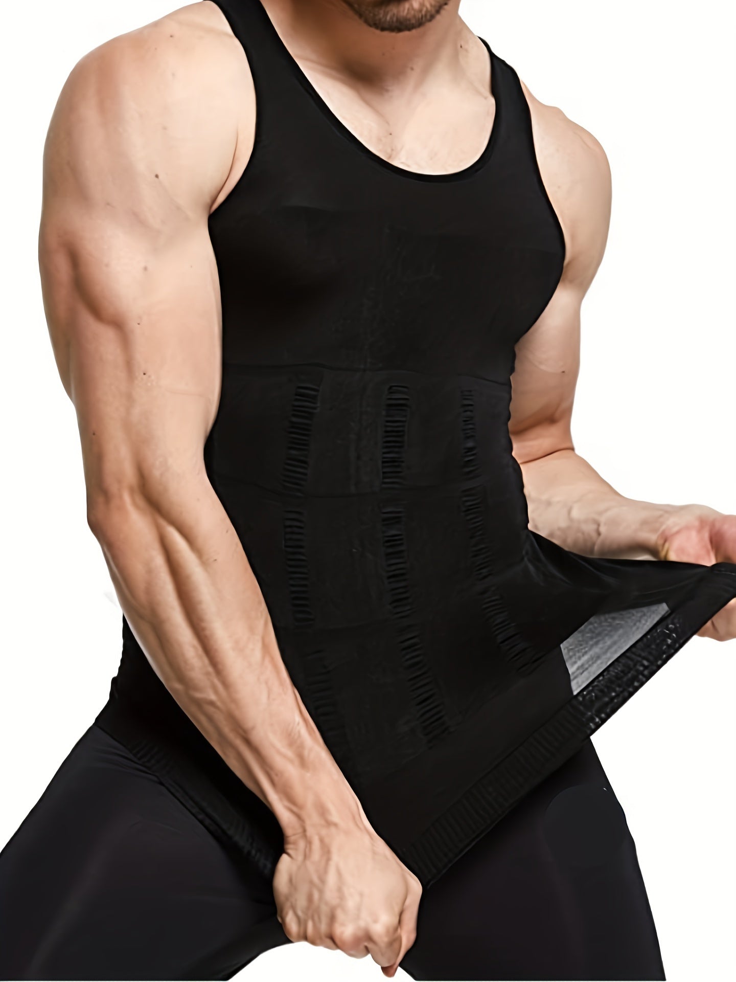 Men's Thermal Compression Tank Top for Abdomen Slimming, Sleeveless, Casual Style, Hand Washable, High-Stretch Nylon Fabric.