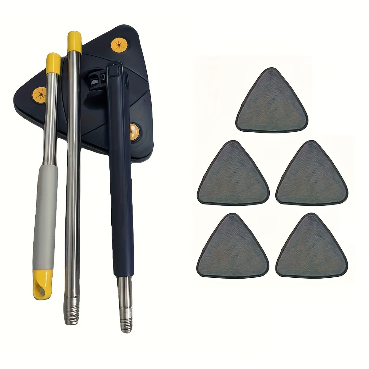 Triangle Mop Set includes 6 pieces and comes with 5 Microfiber Pads. It is perfect for both wet and dry cleaning, allowing for hands-free operation when cleaning walls, ceilings, and glass. The mop set features a stainless steel handle and is ideal for