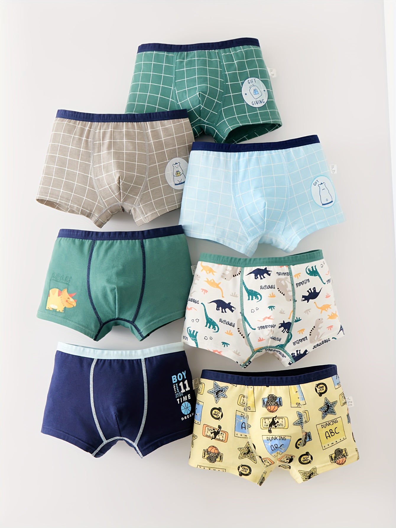 Boys' 7pcs Cute Dinosaur Cartoon Boxer Briefs - Soft Cotton, Elastic Waist, All-Season Comfort