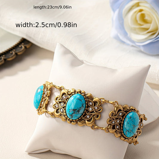 Elegant Vintage Copper Turquoise Bracelet with Ethnic Style, Fashionable Retro Pattern - A Stylish Accessory for Women