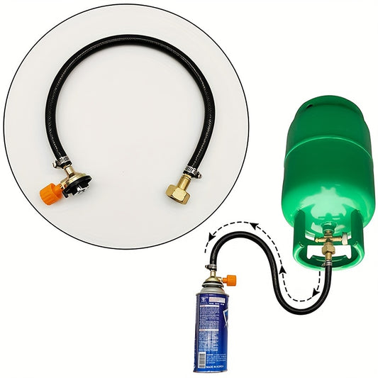 Leak-proof copper gas refill adapter for outdoor camping stove, with rubber pipe and cylinder converter.